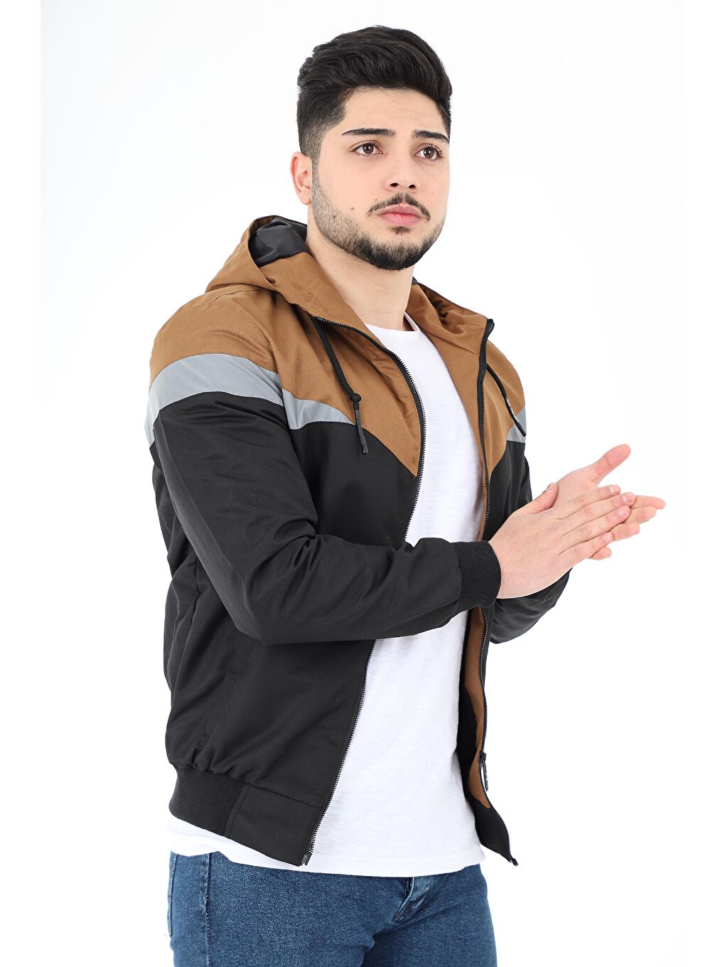 Kahverengi Bill Üçgen Parçalı Kapüşonlu Mevsimlik Mont 1220-1