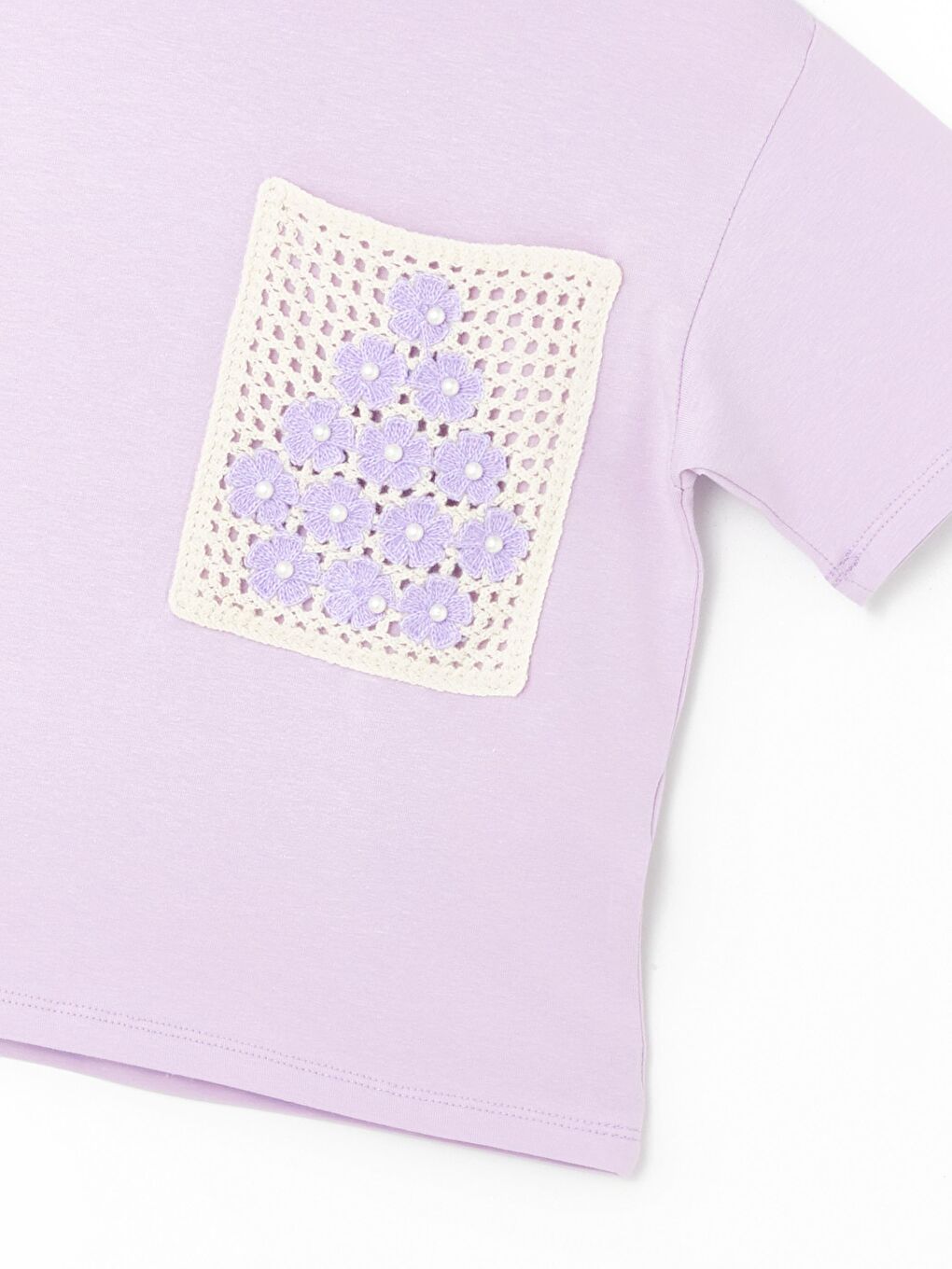 Lila Kız Çocuk İnci Cepli Tişört-1