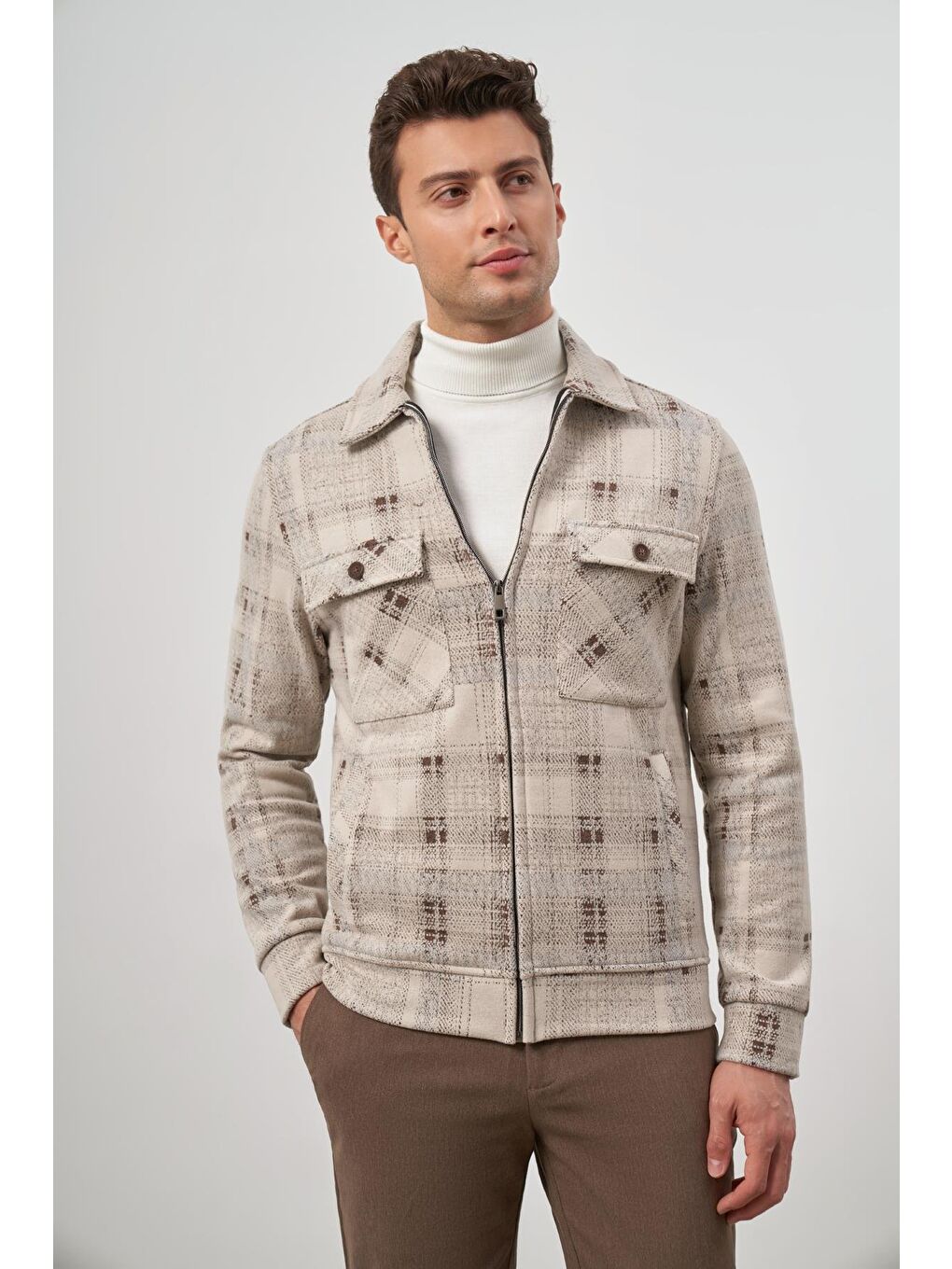 Kahverengi Taba Örme Bebe Yaka Kendinden Desenli Yırtmaçsız Astarsız Slim Fit Classic Mont 1007245157