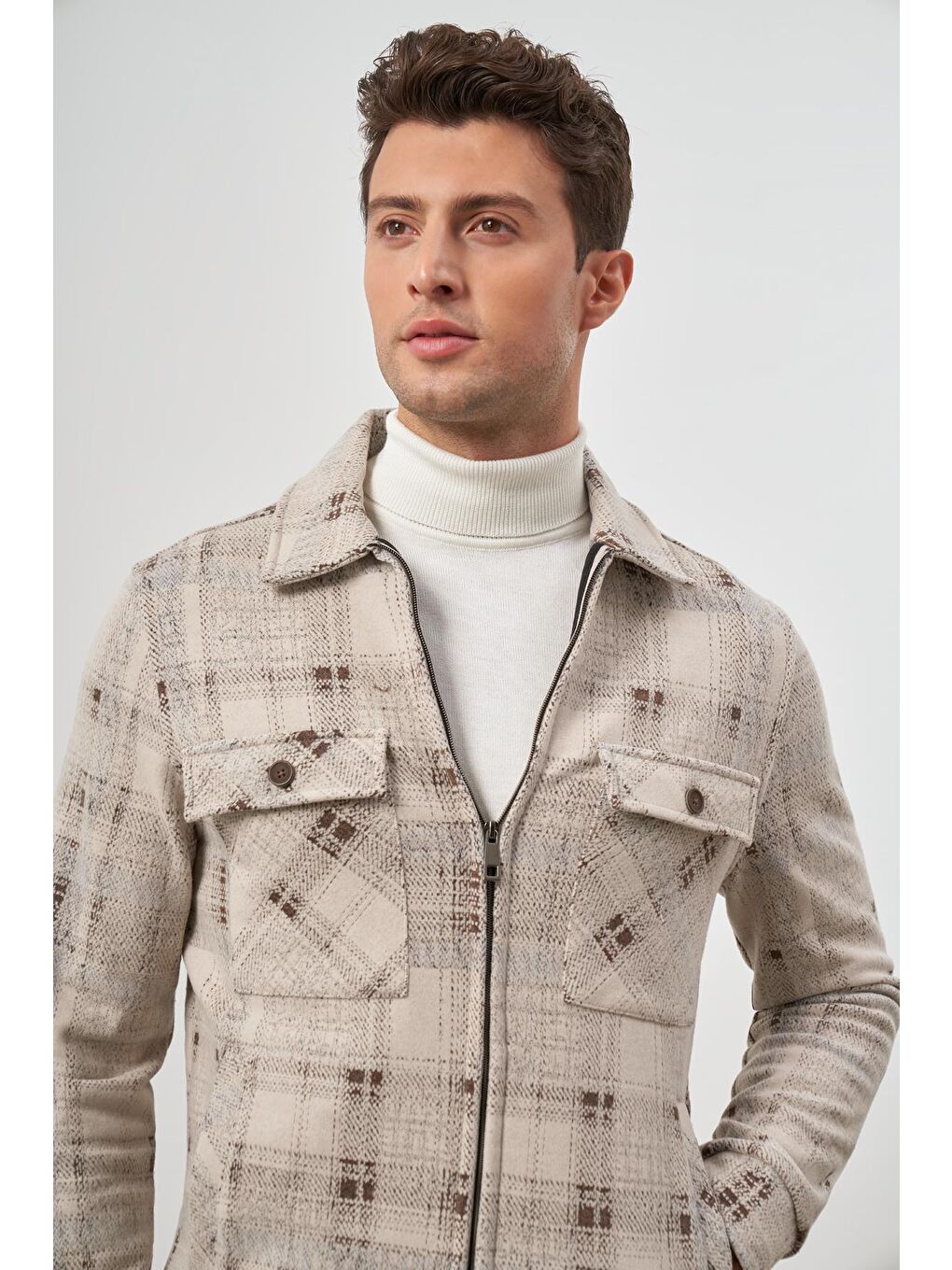 Kahverengi Taba Örme Bebe Yaka Kendinden Desenli Yırtmaçsız Astarsız Slim Fit Classic Mont 1007245157-2