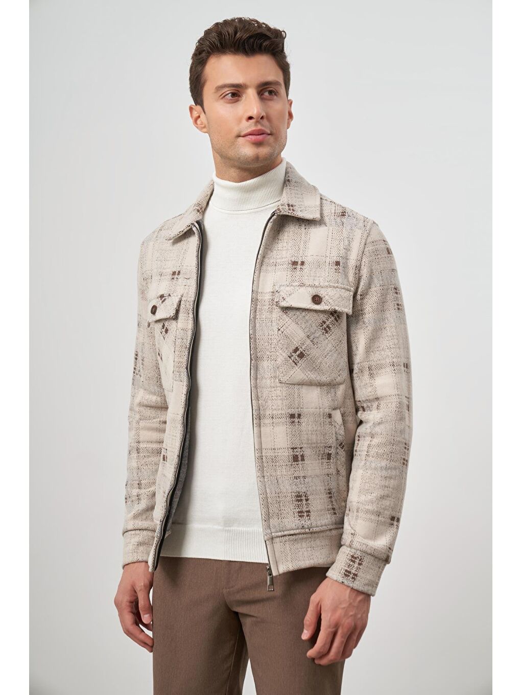 Kahverengi Taba Örme Bebe Yaka Kendinden Desenli Yırtmaçsız Astarsız Slim Fit Classic Mont 1007245157-4