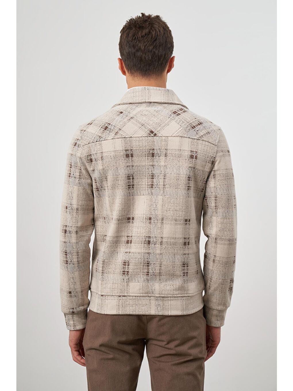 Kahverengi Taba Örme Bebe Yaka Kendinden Desenli Yırtmaçsız Astarsız Slim Fit Classic Mont 1007245157-6