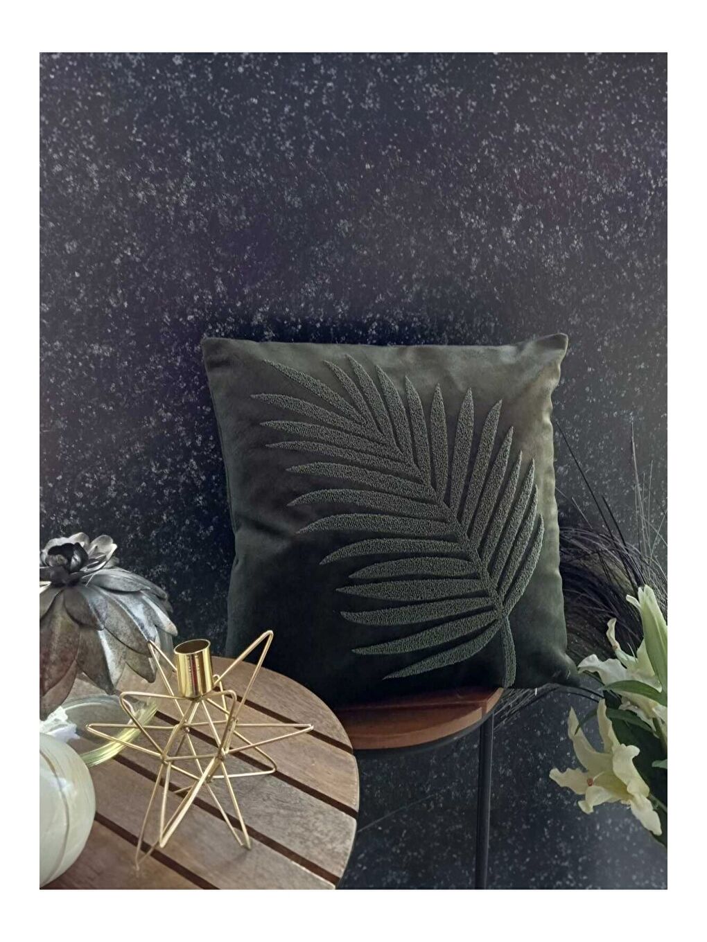 Rossav Home Tropikal Yaprak Desenli Punch Nakış İşlemeli Yeşil Dekoratif Kırlent | 45 X 45 cm - 1