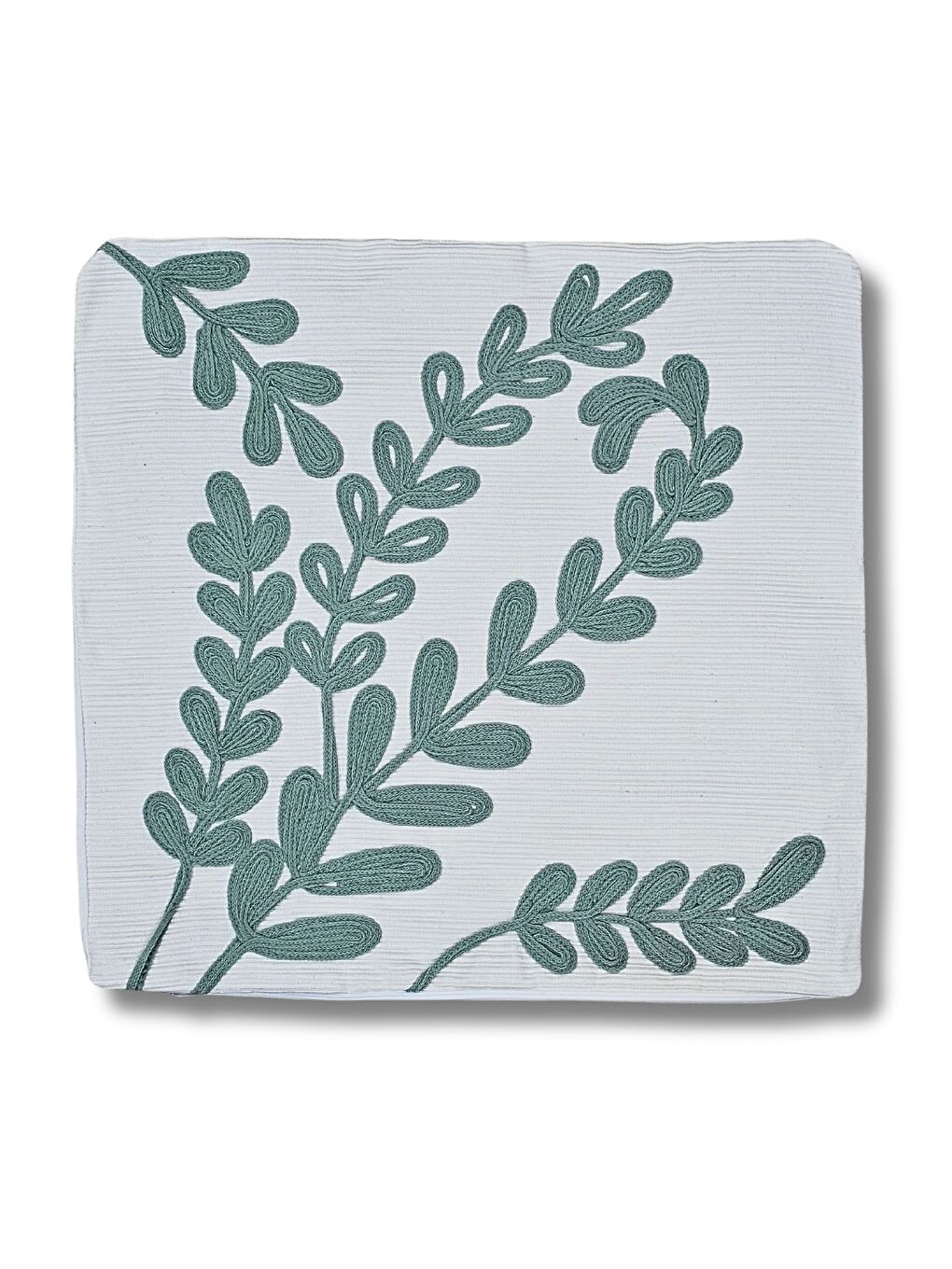 Yeşil Yaprak Nakış İşlemeli Dekoratif Beyaz Kırlent | Fermuarlı | 45 X 45 cm-1