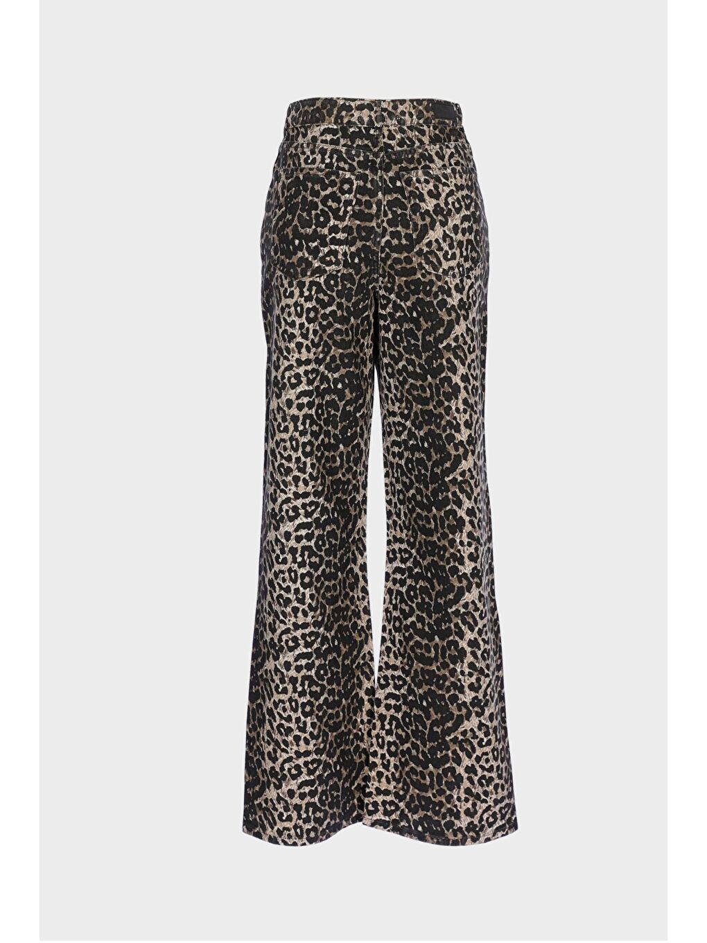 Kahverengi Weslie Yüksek Bel Leoparlı Patı Fermuarlı Wideleg Jean Pantolon C 4530-226-1