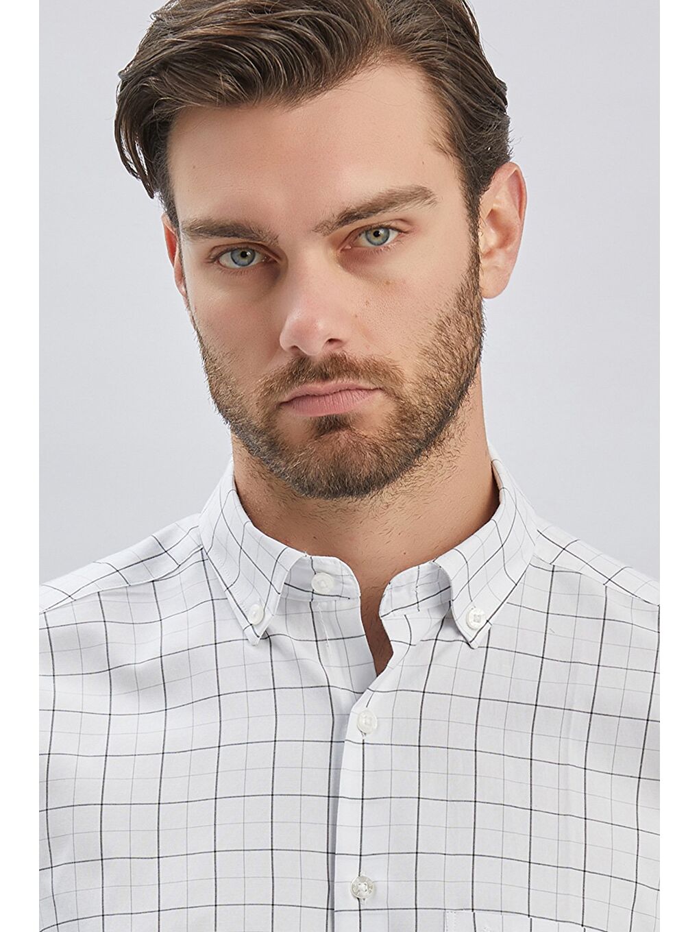 Beyaz Kısa Kollu Ekoseli Cepli Pamuklu Klasik Comfort Fit Rahat Kesim Gömlek 1004240220-5