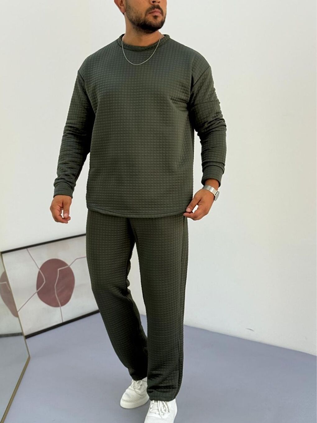 Erkek Yeşil Bisiklet Yaka Kapitone Desenli Waffle Kumaş Alt-Üst Takım