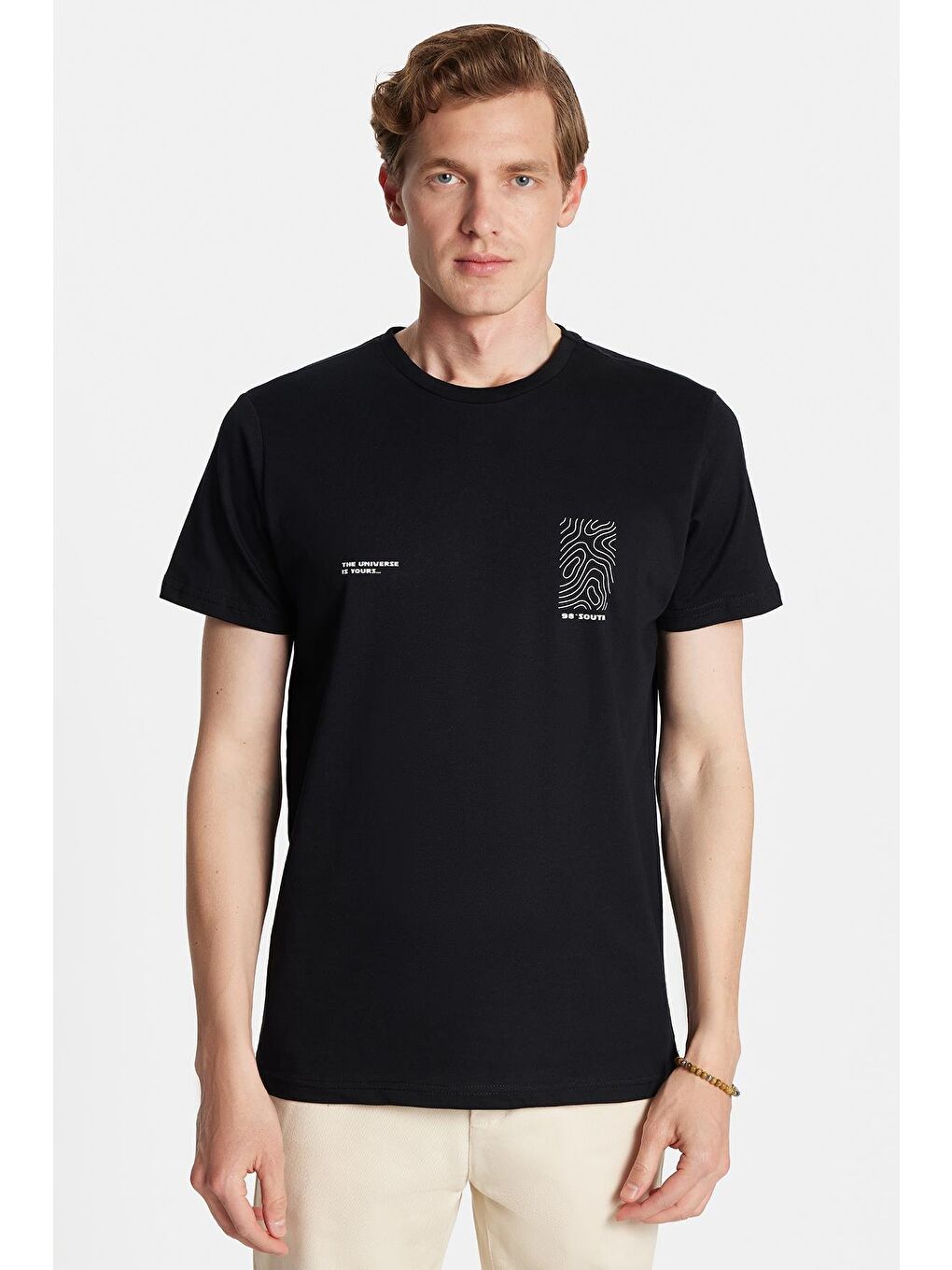 Erkek Slim Fit Dar Kesim %100 Pamuk Yumuşak Dokulu Baskılı Siyah Bisiklet Yaka Tişört-3