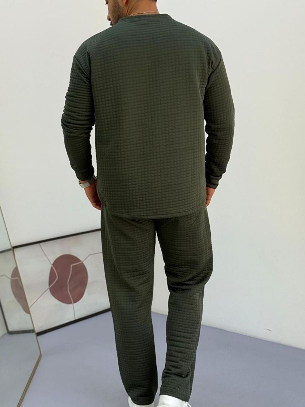 Erkek Yeşil Bisiklet Yaka Kapitone Desenli Waffle Kumaş Alt-Üst Takım-1