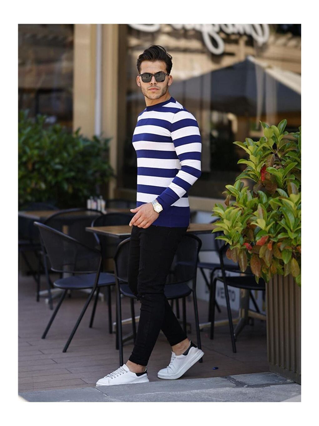 Tarz Cool Beyaz-Saks Erkek Slim Fit Bisiklet Yaka Çizgili Triko Kazak - 2