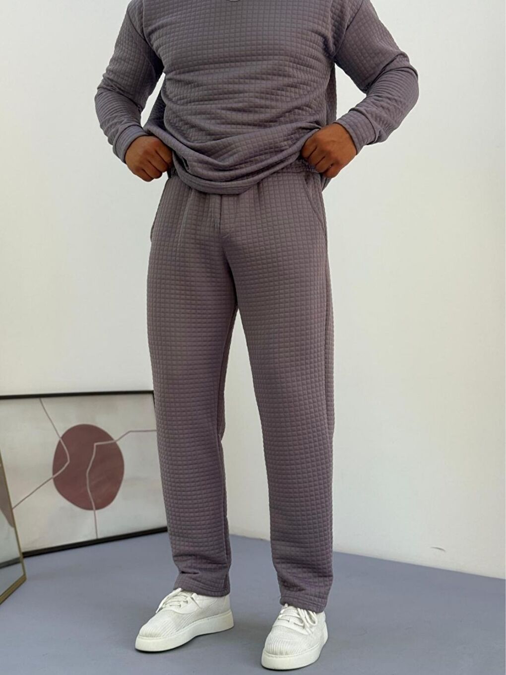 Gri Erkek Füme Bisiklet Yaka Kapitone Desenli Waffle Kumaş Alt-Üst Takım-1