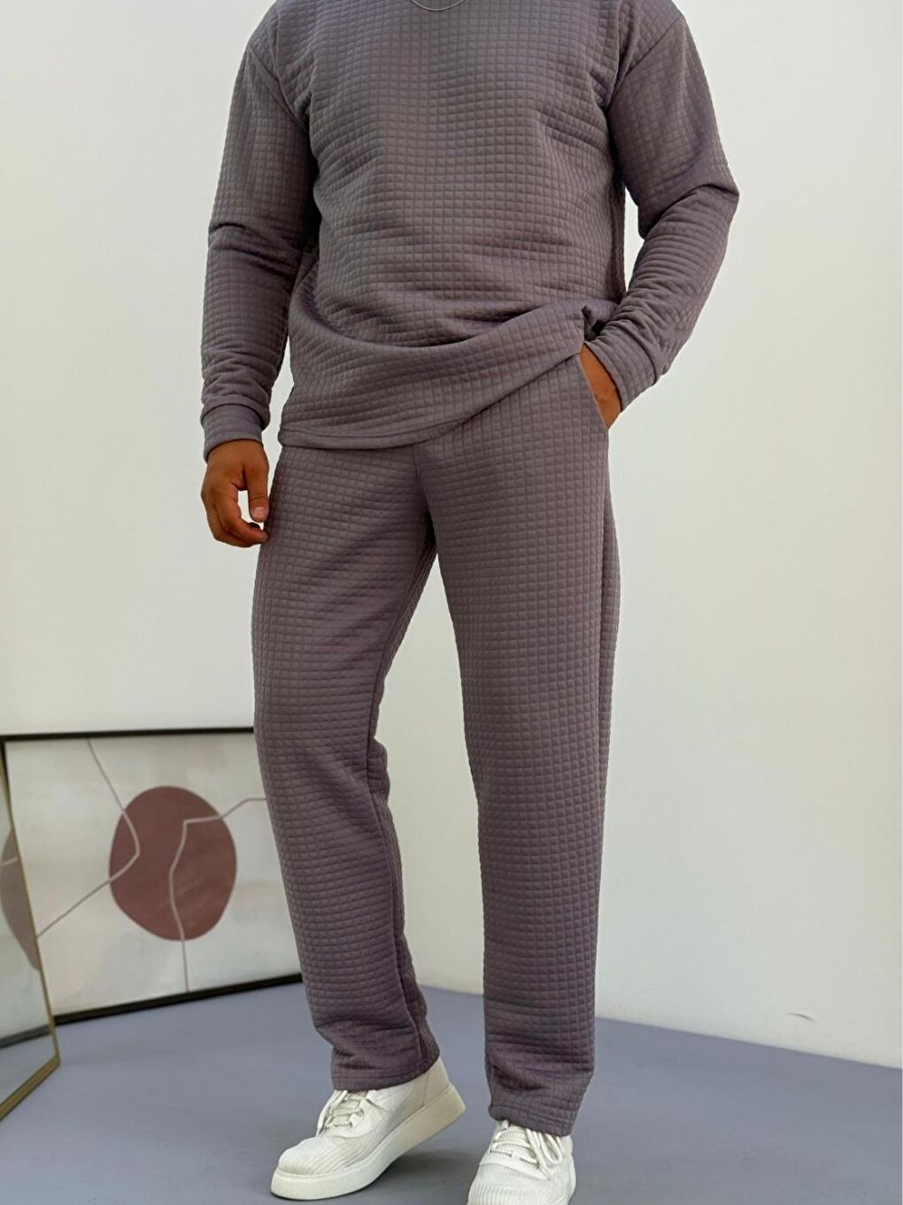 Gri Erkek Füme Bisiklet Yaka Kapitone Desenli Waffle Kumaş Alt-Üst Takım-2