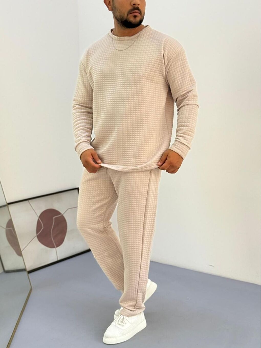 Erkek Bej Bisiklet Yaka Kapitone Desenli Waffle Kumaş Alt-Üst Takım