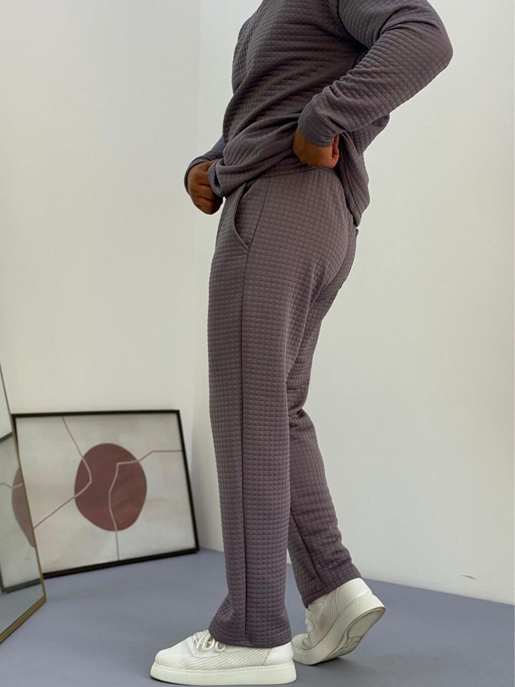 Gri Erkek Füme Bisiklet Yaka Kapitone Desenli Waffle Kumaş Alt-Üst Takım-3