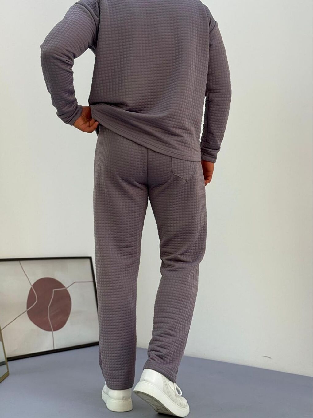 Gri Erkek Füme Bisiklet Yaka Kapitone Desenli Waffle Kumaş Alt-Üst Takım-4
