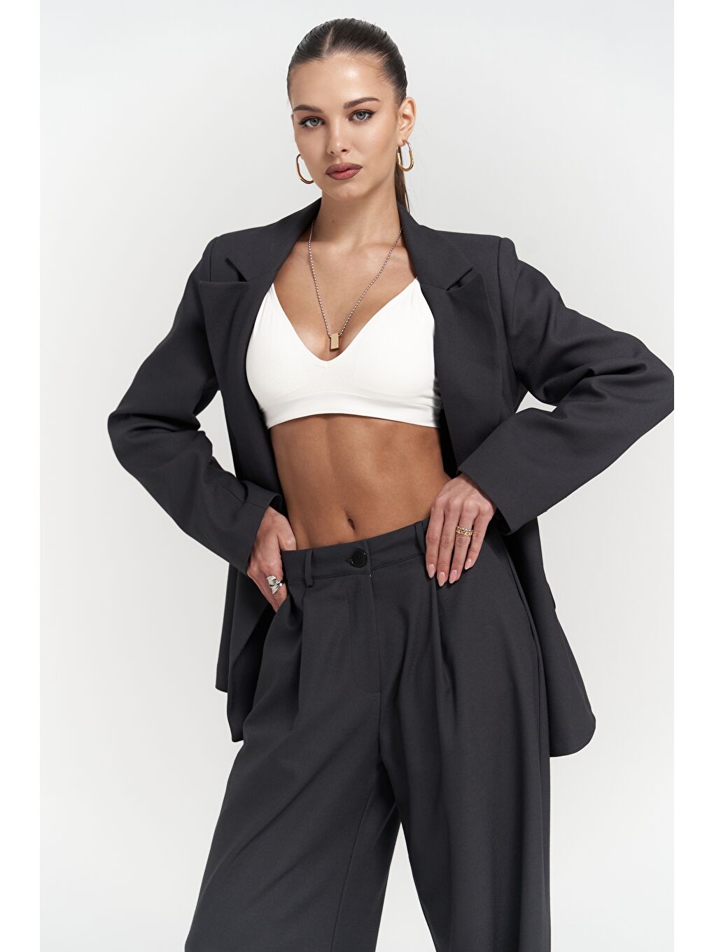 Halvyn Dar Kesim Blazer Antrasit Takım-3