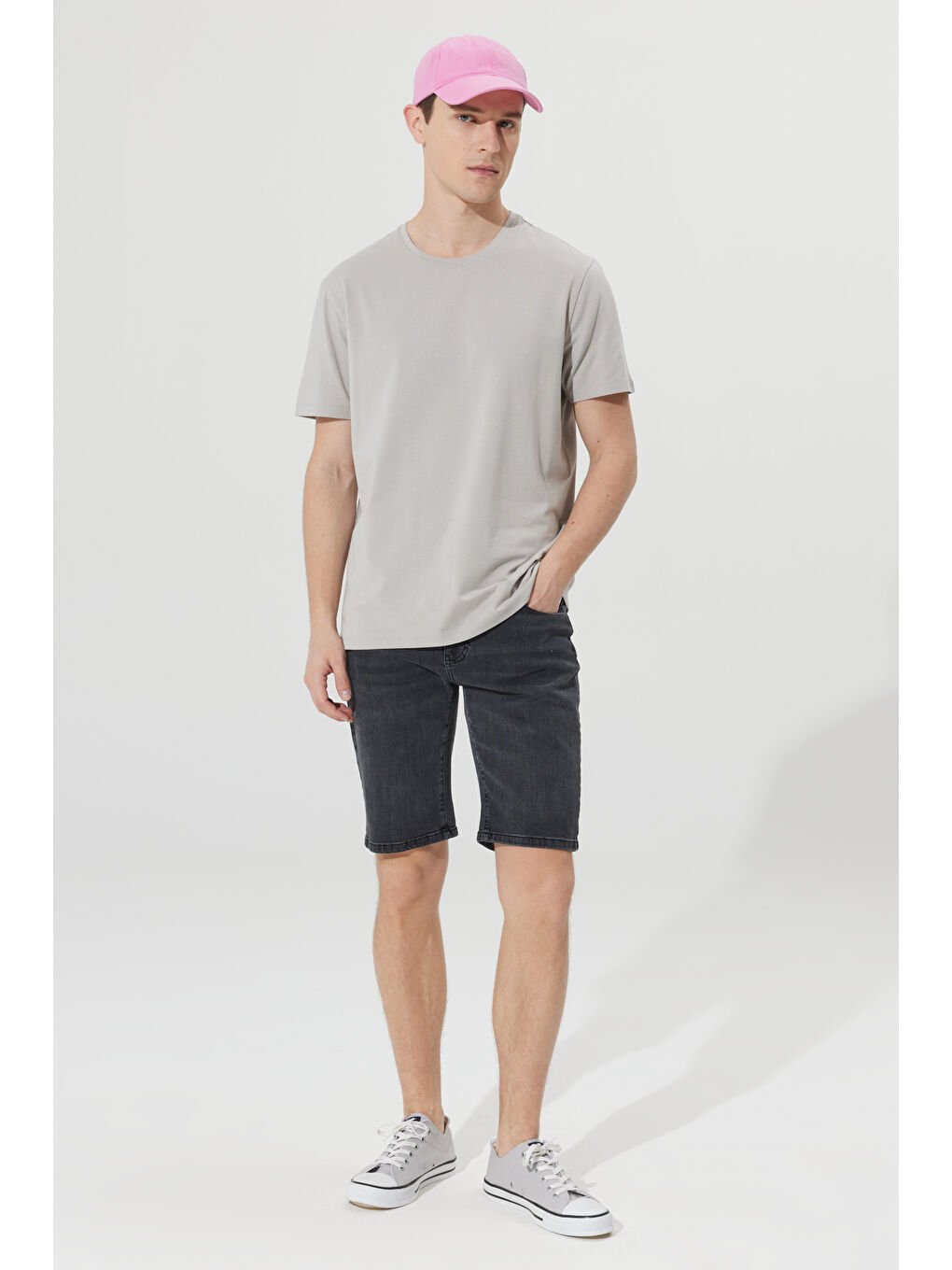 Erkek Gri Slim Fit Dar Kesim Pamuklu Esnek Denim Şort-2