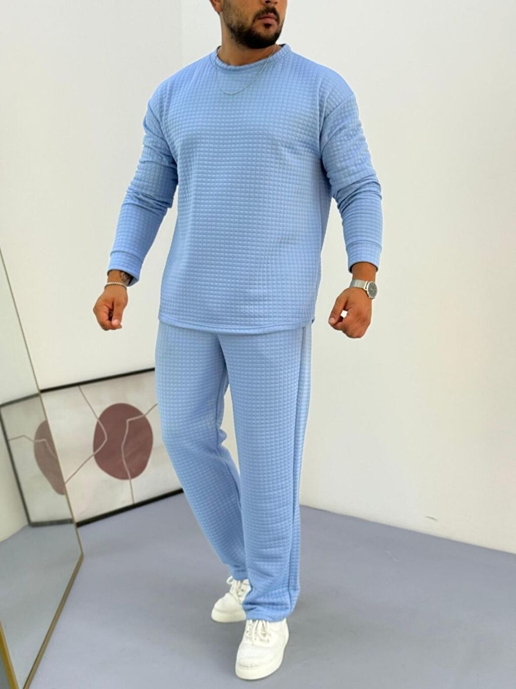 Erkek Bebe Mavi Bisiklet Yaka Kapitone Desenli Waffle Kumaş Alt-Üst Takım