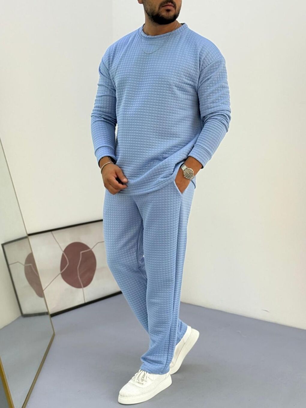 Erkek Bebe Mavi Bisiklet Yaka Kapitone Desenli Waffle Kumaş Alt-Üst Takım-1