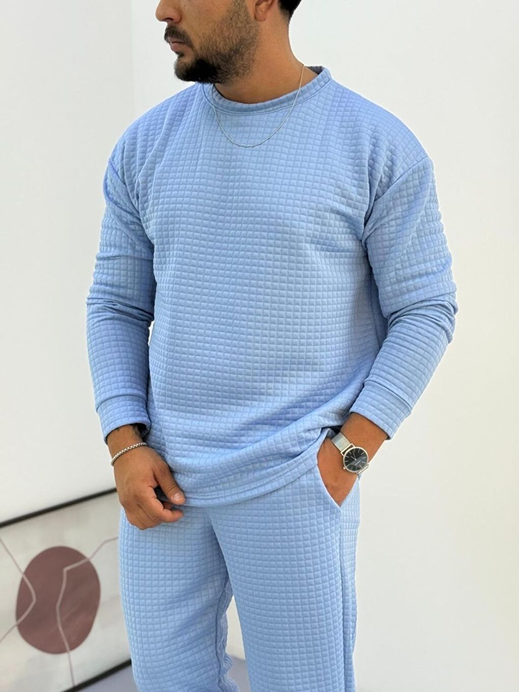 Erkek Bebe Mavi Bisiklet Yaka Kapitone Desenli Waffle Kumaş Alt-Üst Takım-2