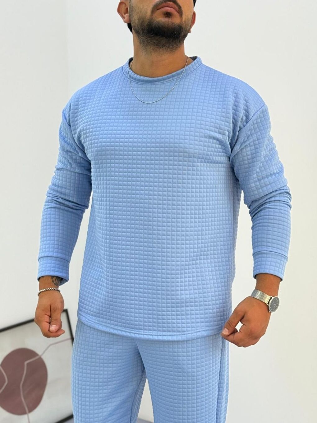 Erkek Bebe Mavi Bisiklet Yaka Kapitone Desenli Waffle Kumaş Alt-Üst Takım-3