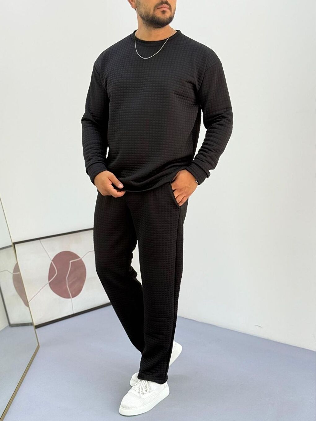 Erkek Siyah Bisiklet Yaka Kapitone Desenli Waffle Kumaş Alt-Üst Takım