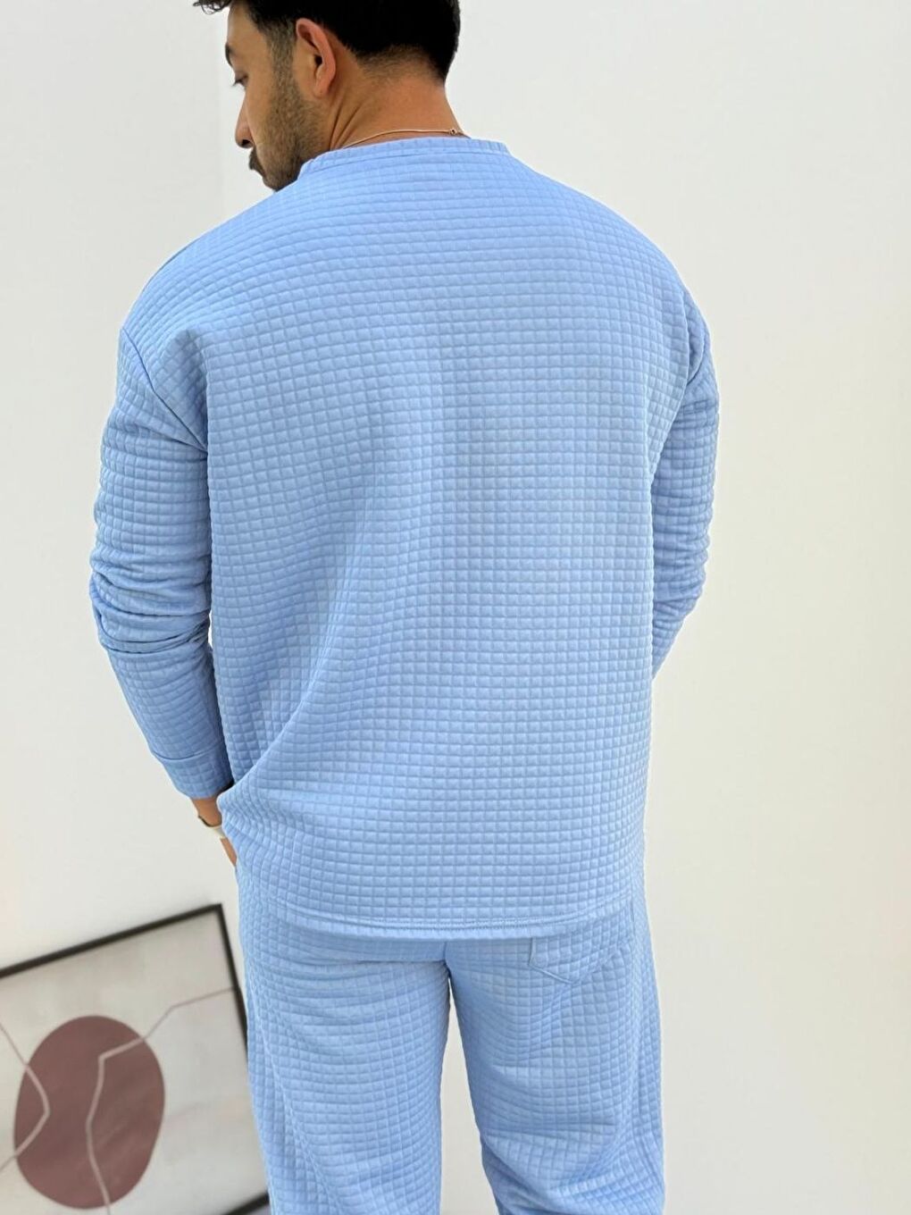 Erkek Bebe Mavi Bisiklet Yaka Kapitone Desenli Waffle Kumaş Alt-Üst Takım-4