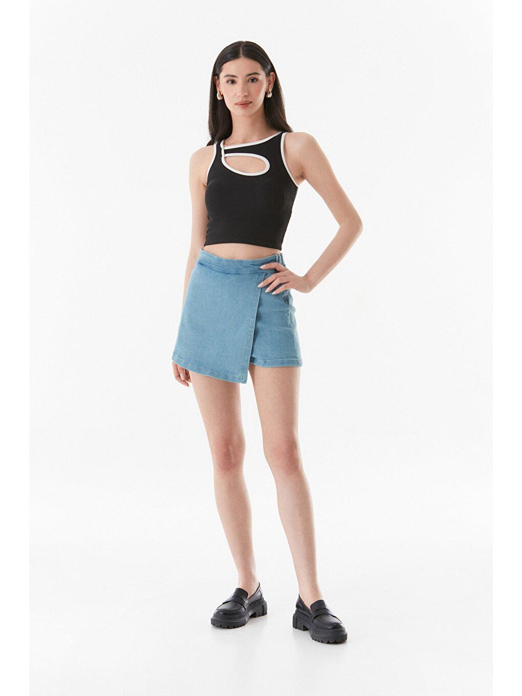 Mavi Yanı Fermuarlı Şort Etek