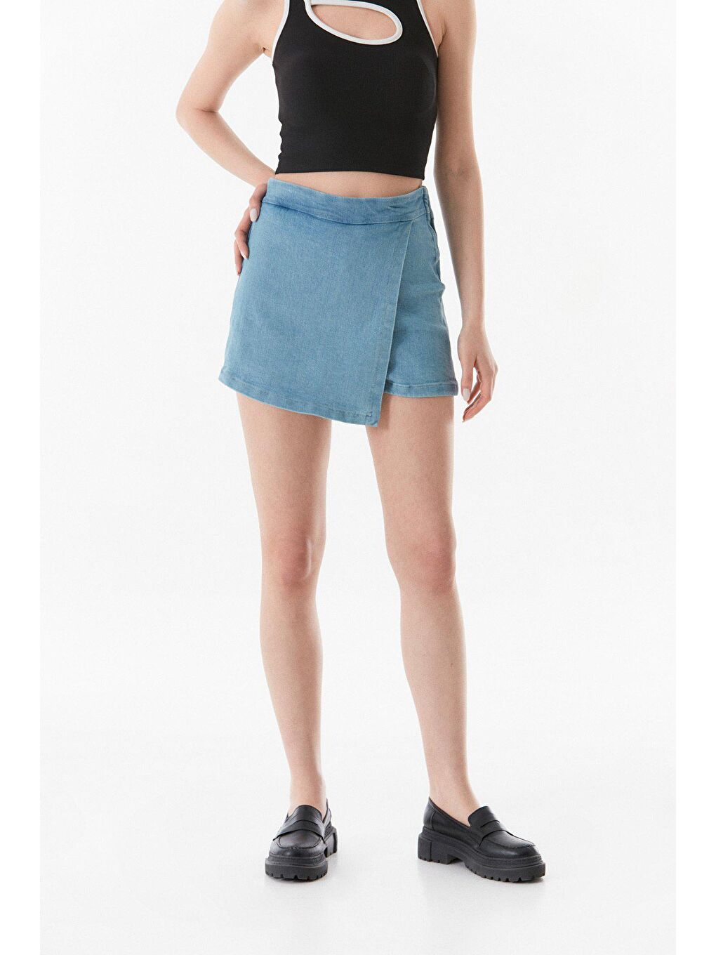 Mavi Yanı Fermuarlı Şort Etek-1
