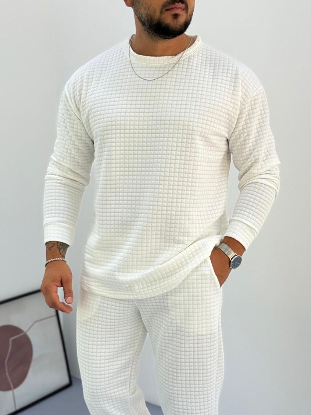 Erkek Beyaz Bisiklet Yaka Kapitone Desenli Waffle Kumaş Alt-Üst Takım