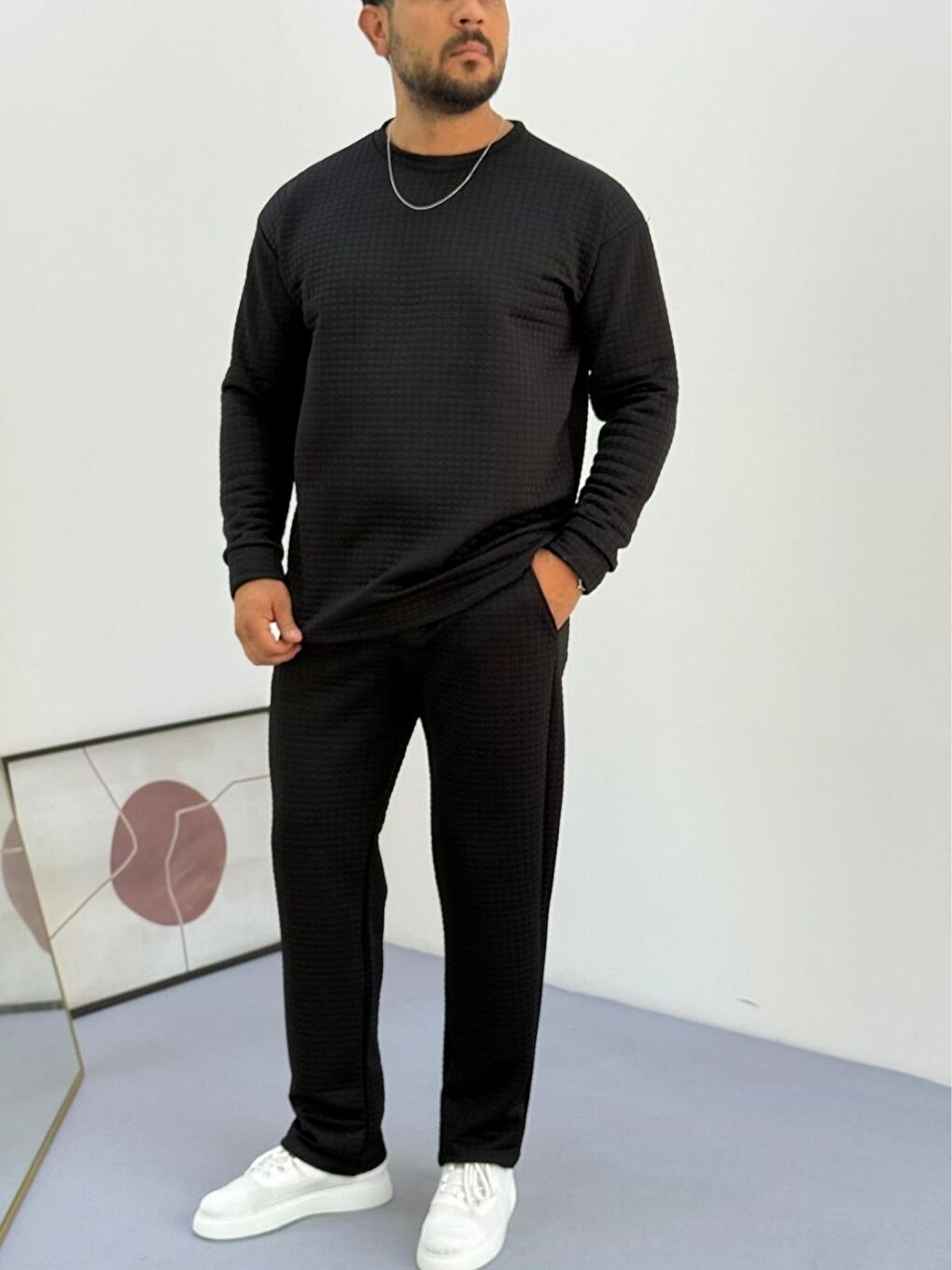 Erkek Siyah Bisiklet Yaka Kapitone Desenli Waffle Kumaş Alt-Üst Takım-1