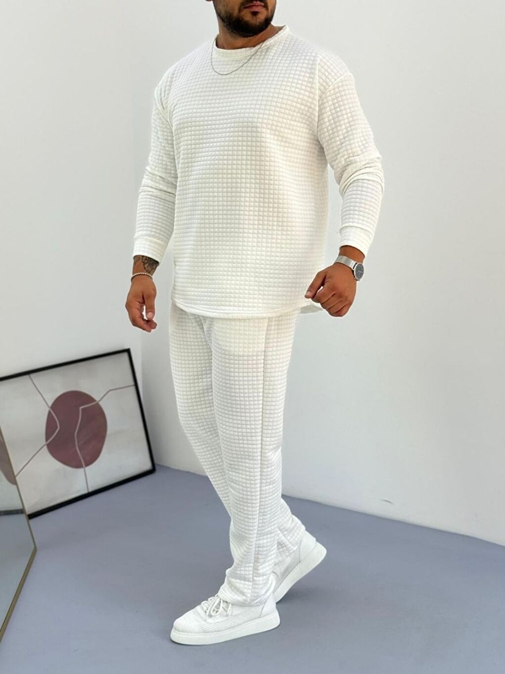 Erkek Beyaz Bisiklet Yaka Kapitone Desenli Waffle Kumaş Alt-Üst Takım-1