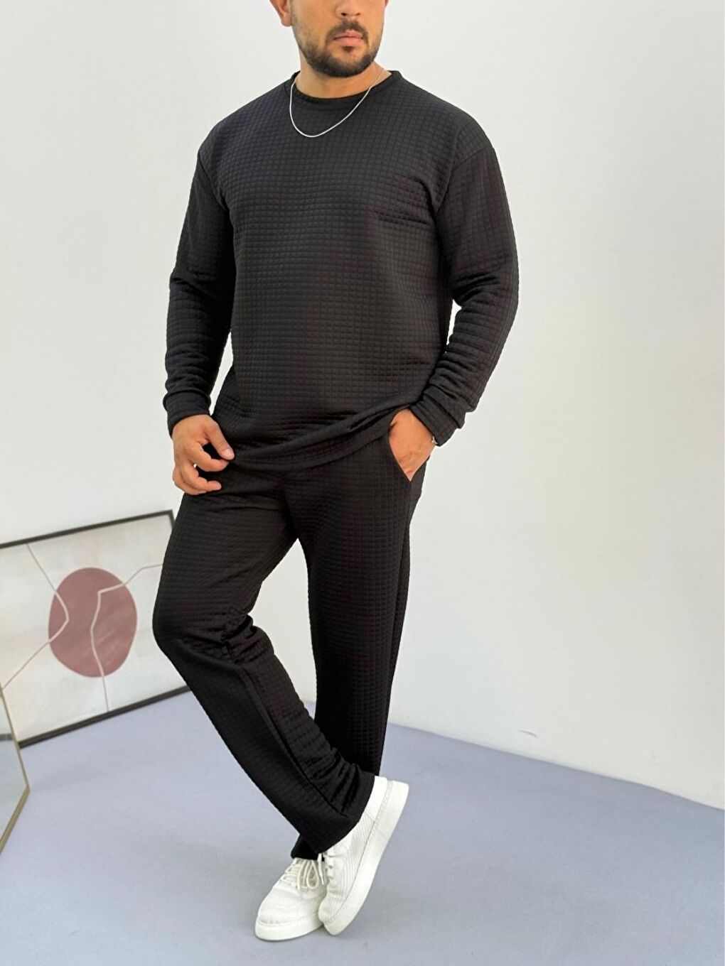 Erkek Siyah Bisiklet Yaka Kapitone Desenli Waffle Kumaş Alt-Üst Takım-2