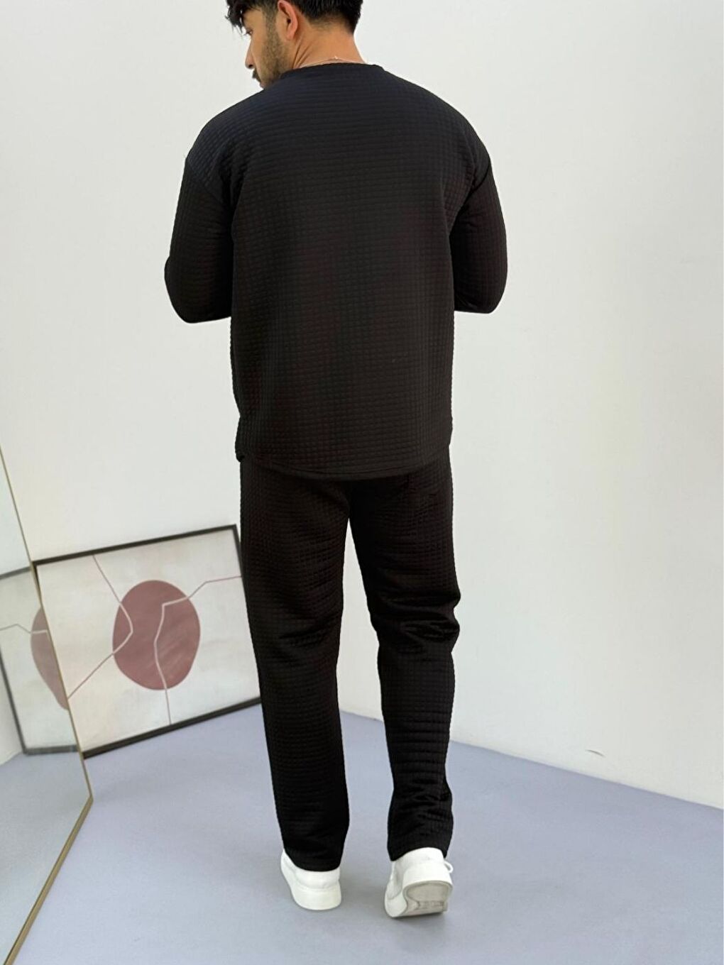 Erkek Siyah Bisiklet Yaka Kapitone Desenli Waffle Kumaş Alt-Üst Takım-3