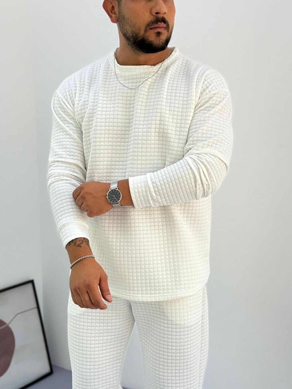 Erkek Beyaz Bisiklet Yaka Kapitone Desenli Waffle Kumaş Alt-Üst Takım-2