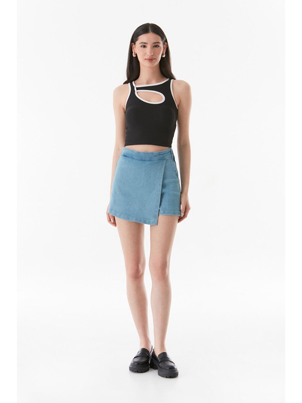 Mavi Yanı Fermuarlı Şort Etek-4