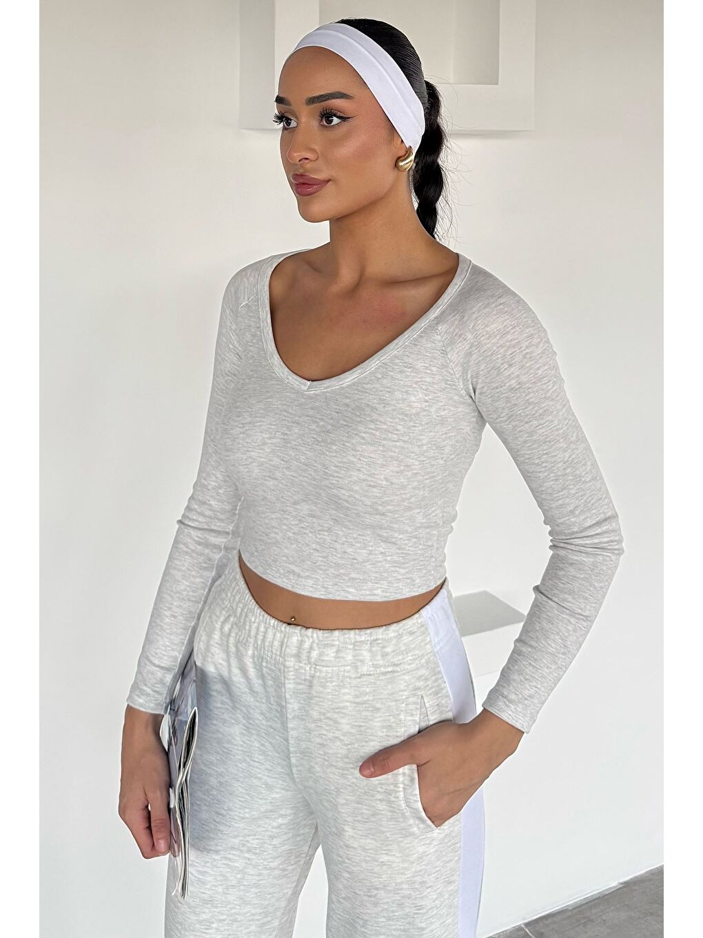 Gri Kadın V Yaka Uzun Kol Elastanlı Slim Fit Body Bluz