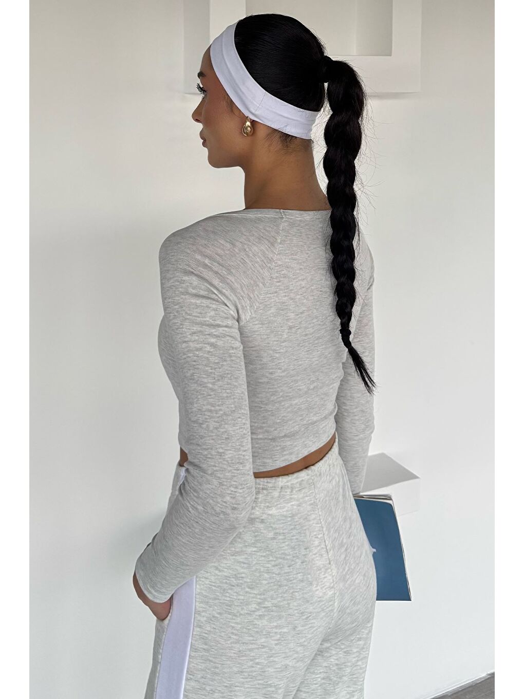 Gri Kadın V Yaka Uzun Kol Elastanlı Slim Fit Body Bluz-3