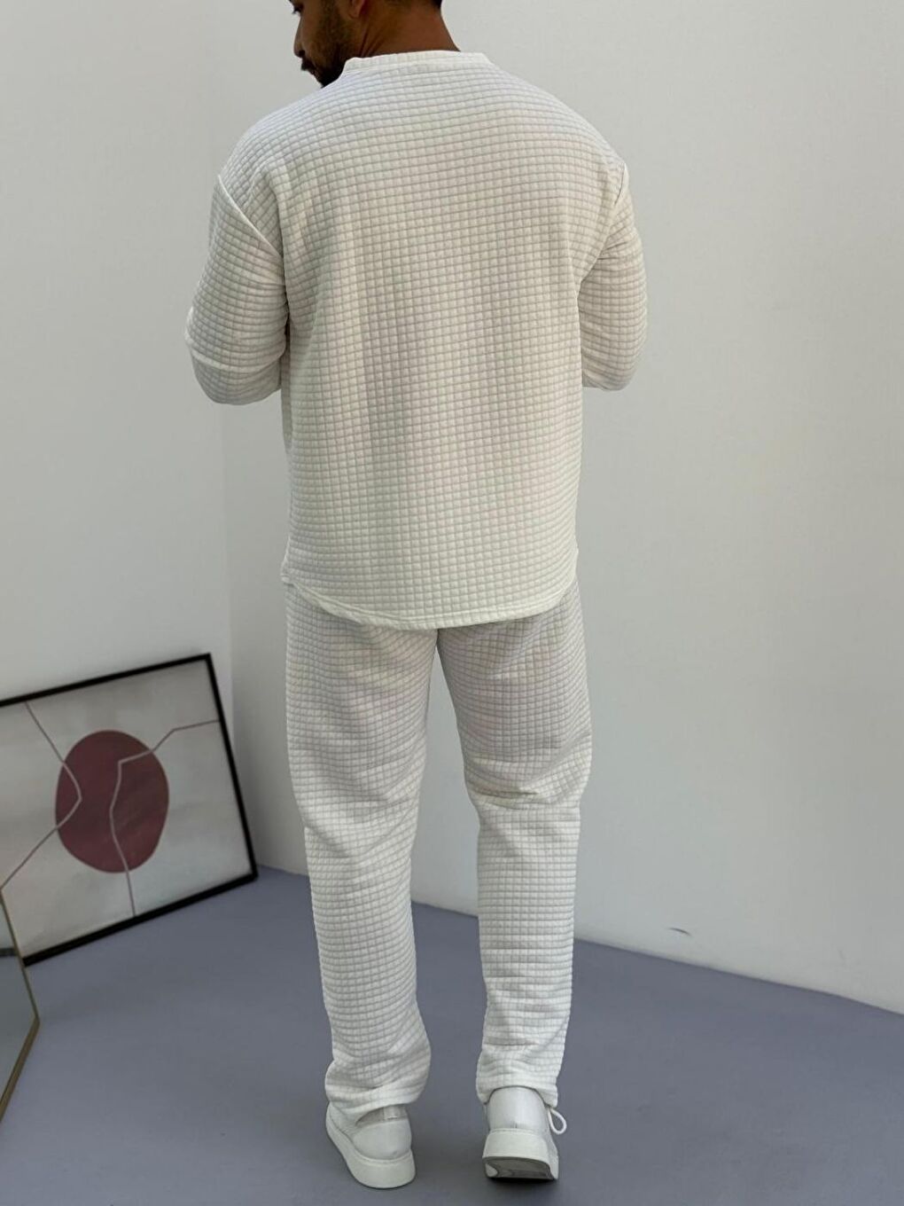 Erkek Beyaz Bisiklet Yaka Kapitone Desenli Waffle Kumaş Alt-Üst Takım-4