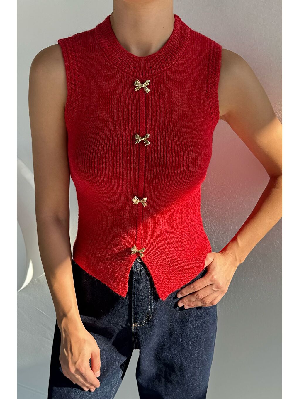 Kırmızı Kadın Gold Düğme Detaylı Triko Bluz-1