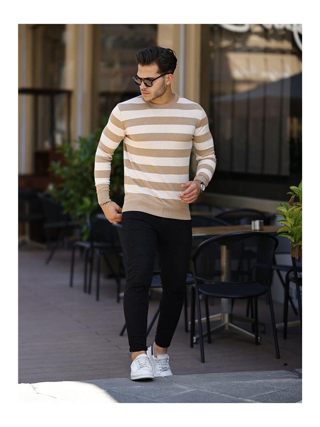 Tarz Cool Yeni Bej Erkek Slim Fit Bisiklet Yaka Çizgili Triko Kazak - 2