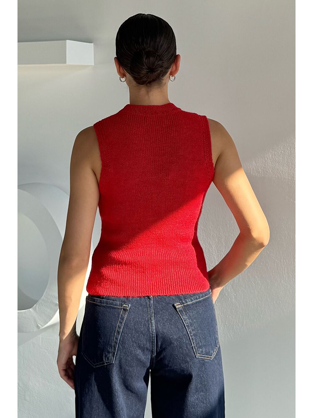 Kırmızı Kadın Gold Düğme Detaylı Triko Bluz-3