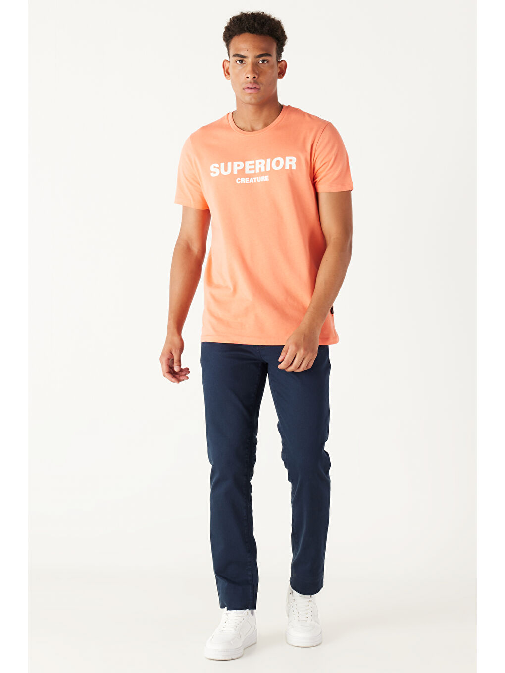 Erkek Mercan Slim Fit Dar Kesim Bisiklet Yaka %100 Pamuk Slogan Baskılı Tişört-1