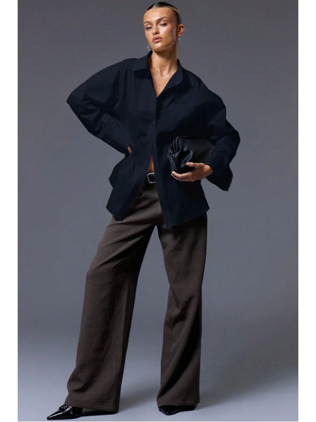 Lacivert Kadın Oversize Gömlek Uzun Kollu Basic Salaş Kesim Poplin Trend Günlük Gömlek-1