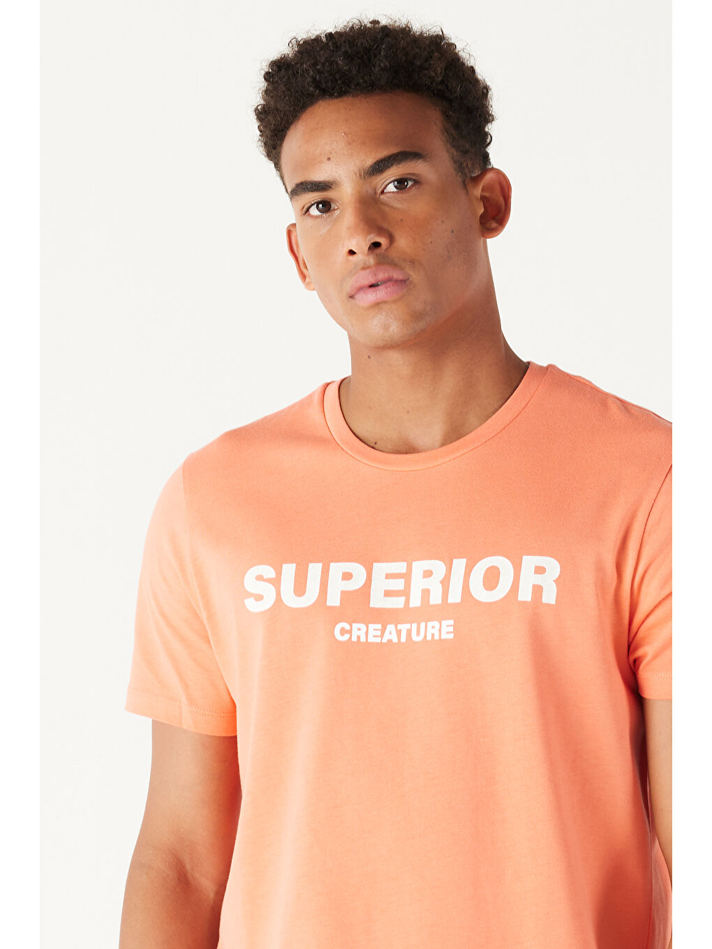 Erkek Mercan Slim Fit Dar Kesim Bisiklet Yaka %100 Pamuk Slogan Baskılı Tişört-2