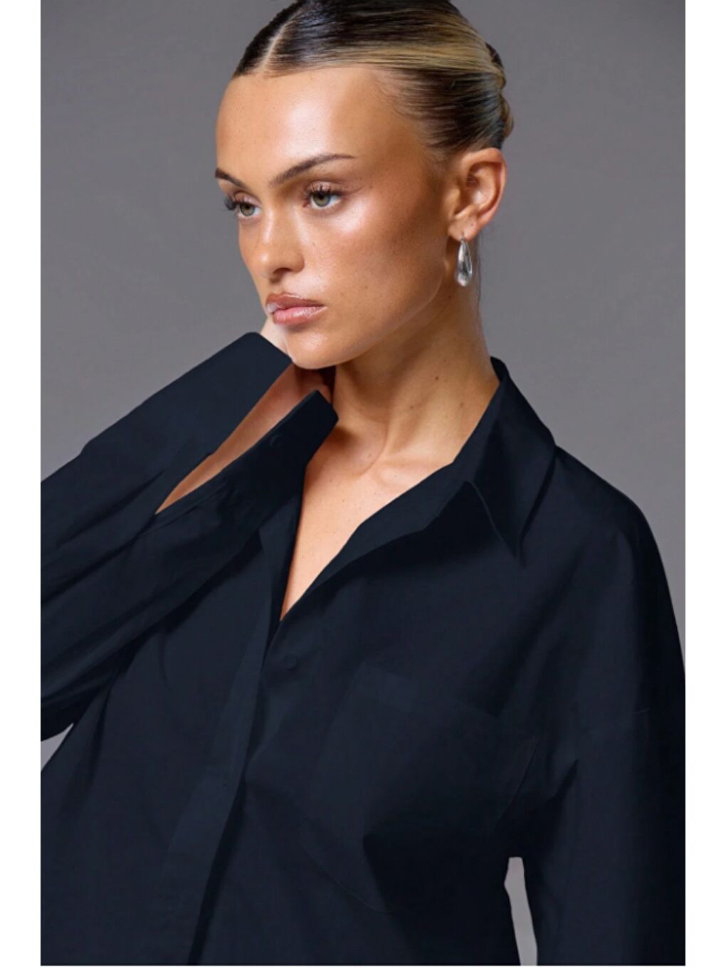 Lacivert Kadın Oversize Gömlek Uzun Kollu Basic Salaş Kesim Poplin Trend Günlük Gömlek-2