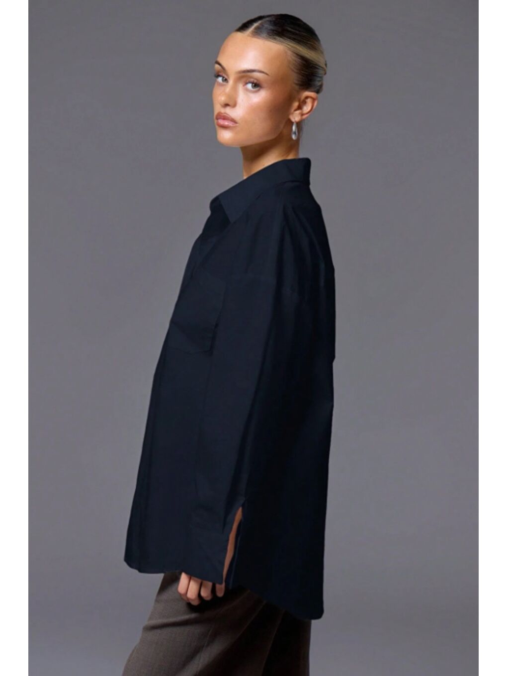 Lacivert Kadın Oversize Gömlek Uzun Kollu Basic Salaş Kesim Poplin Trend Günlük Gömlek-3