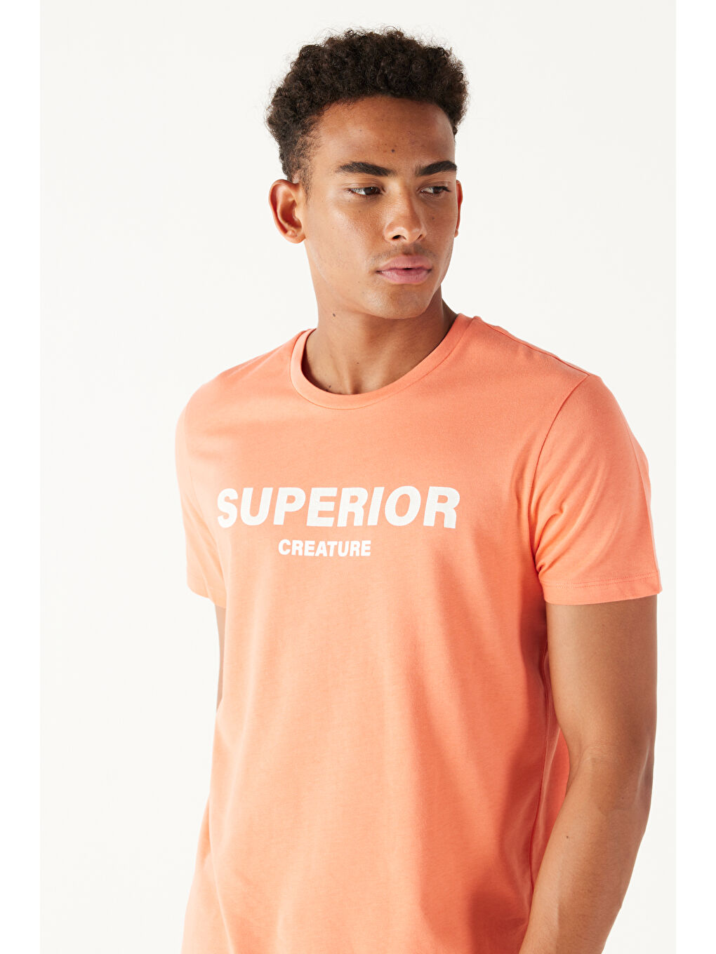 Erkek Mercan Slim Fit Dar Kesim Bisiklet Yaka %100 Pamuk Slogan Baskılı Tişört-3