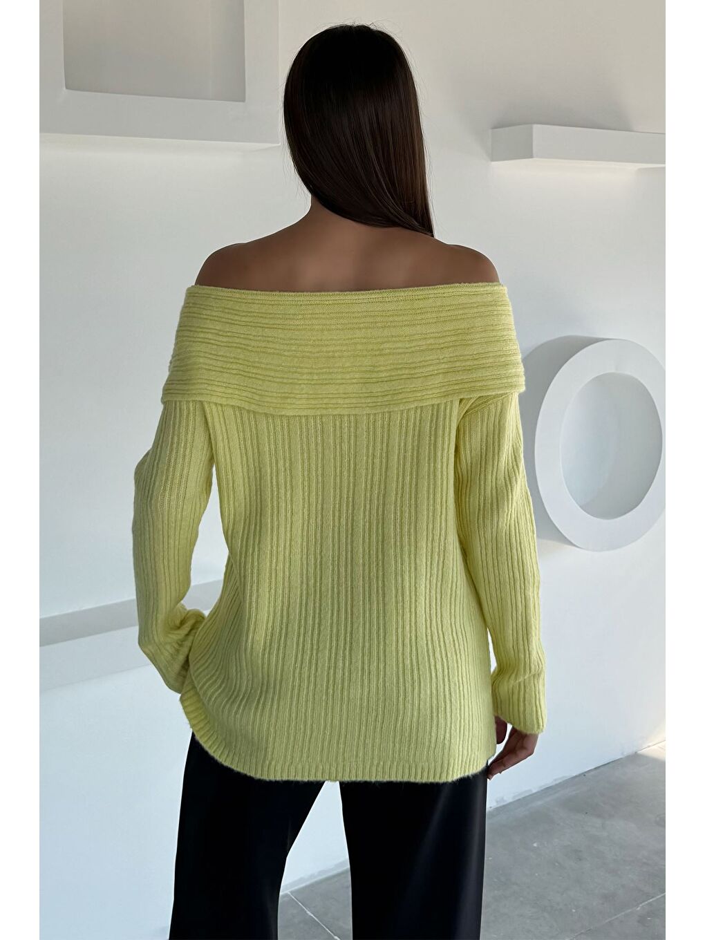 Sarı Kadın Madonna Yaka Kendinden Çizgi Desenli Triko Bluz-3