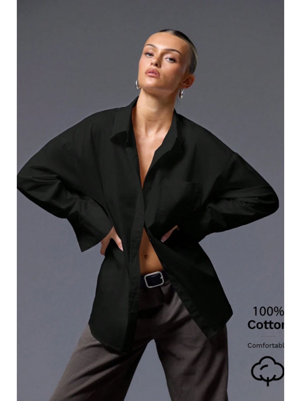 Siyah Kadın Oversize Gömlek Uzun Kollu Basic Salaş Kesim Poplin Trend Günlük Gömlek